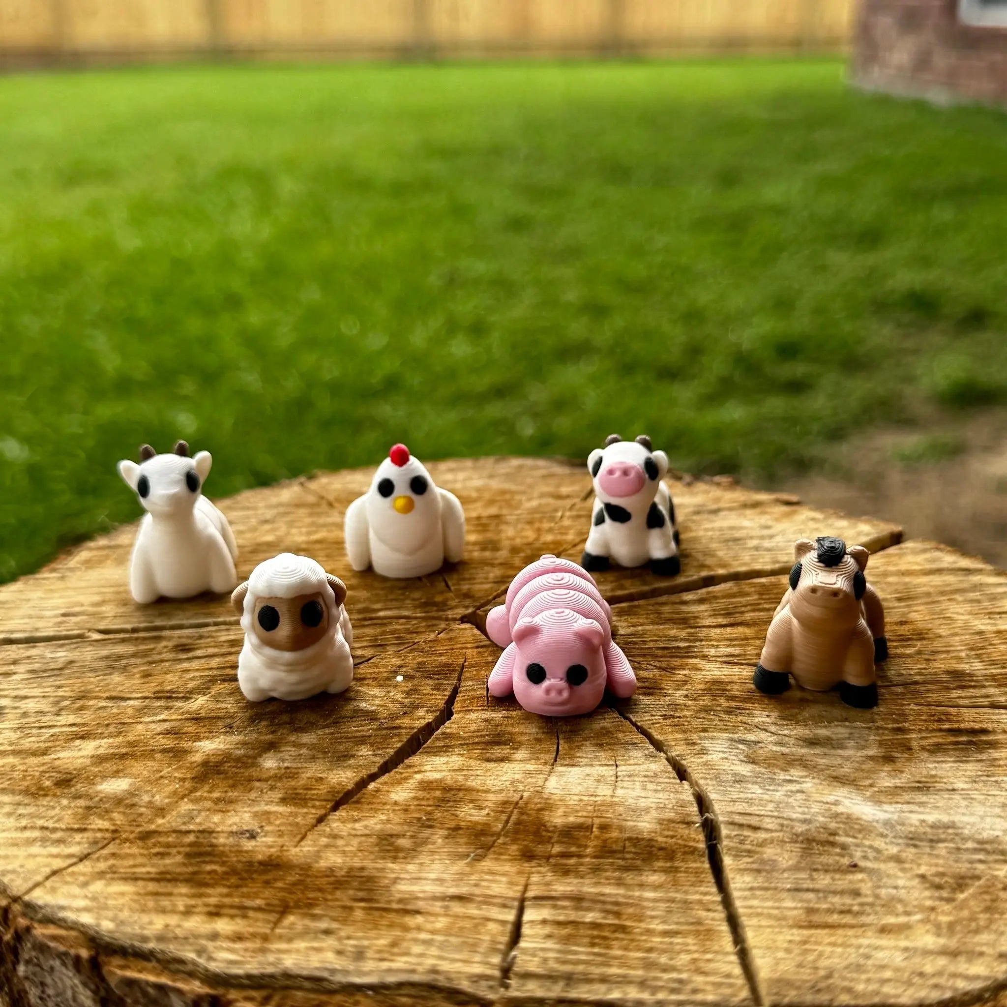 Cute 3D Printed Farm Animal Figurines: Chicken, Cow, Goat, Horse, Pig, Sheep on Wood Stump. Wholesale Available