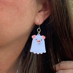 Pig Ghost Earrings – Spooky Cute Halloween Jewelry, Acrylic Dangle Earrings, Funny Pig Lover Gift, Handmade Statement Earrings Poor Hog Customs
