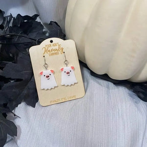 Pig Ghost Earrings – Spooky Cute Halloween Jewelry, Acrylic Dangle Earrings, Funny Pig Lover Gift, Handmade Statement Earrings Poor Hog Customs