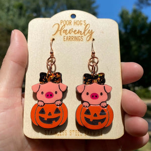 Pig Halloween Earrings: Cute Piggy in Pumpkin Dangle Earrings, Halloween Fall Jewelry Gift - Poor Hog's Heavenly Earrings