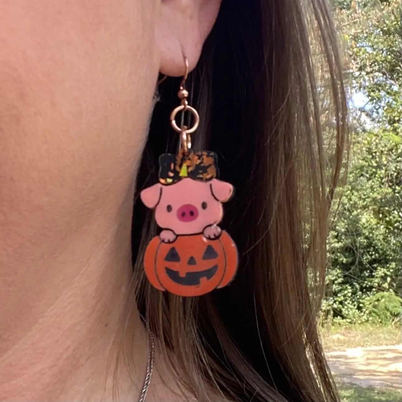 Pig in Pumpkin Halloween Earrings - Cute Spooky Animal Jewelry for Fall