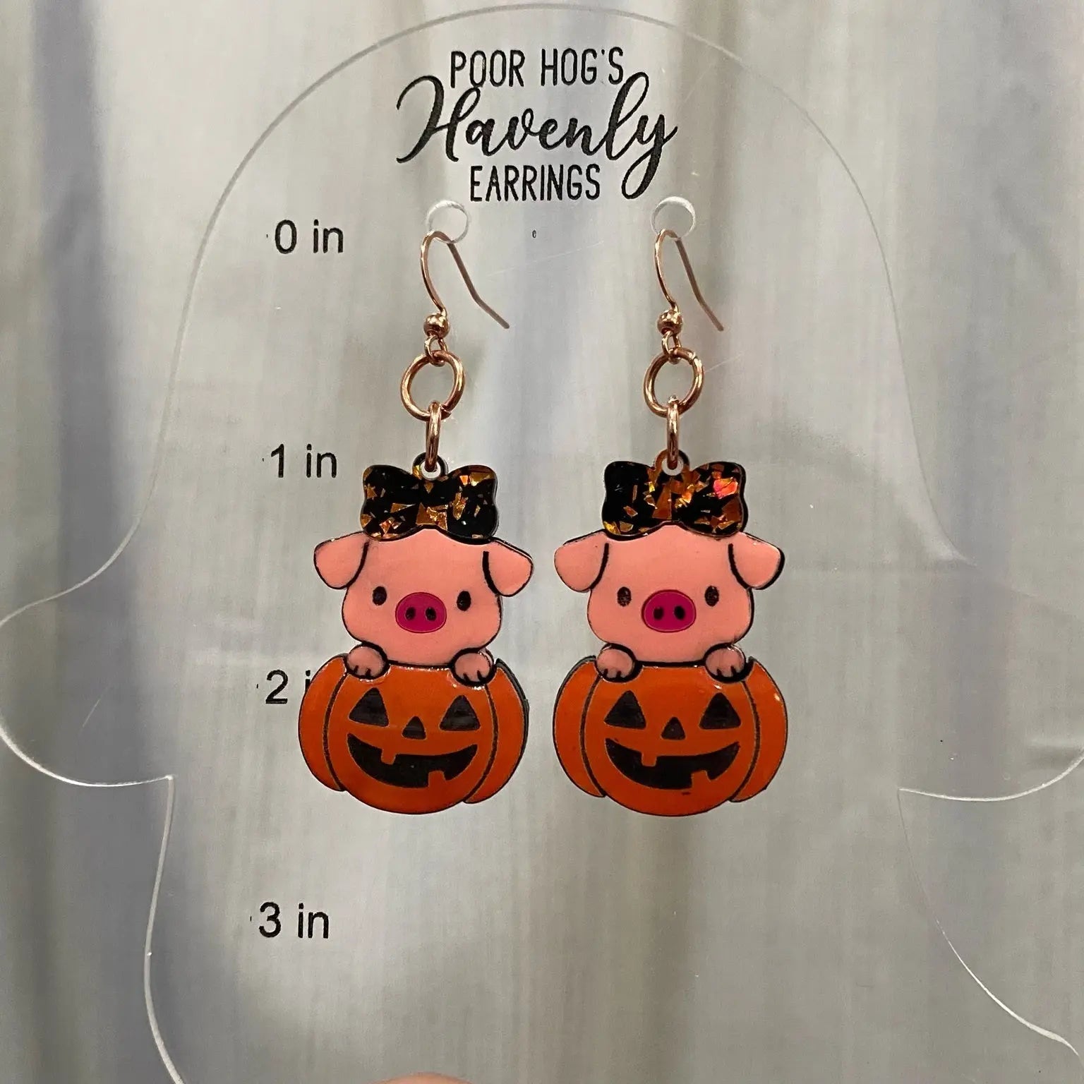 Halloween Pig Earrings: Piggy in a Pumpkin with Glitter Bow by Poor Hog's Havenly Earrings