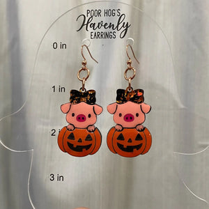 Halloween Pig Earrings: Piggy in a Pumpkin with Glitter Bow by Poor Hog's Havenly Earrings