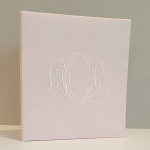 Pink linen handmade baby memory book with whisper pink monogram by AP Creations