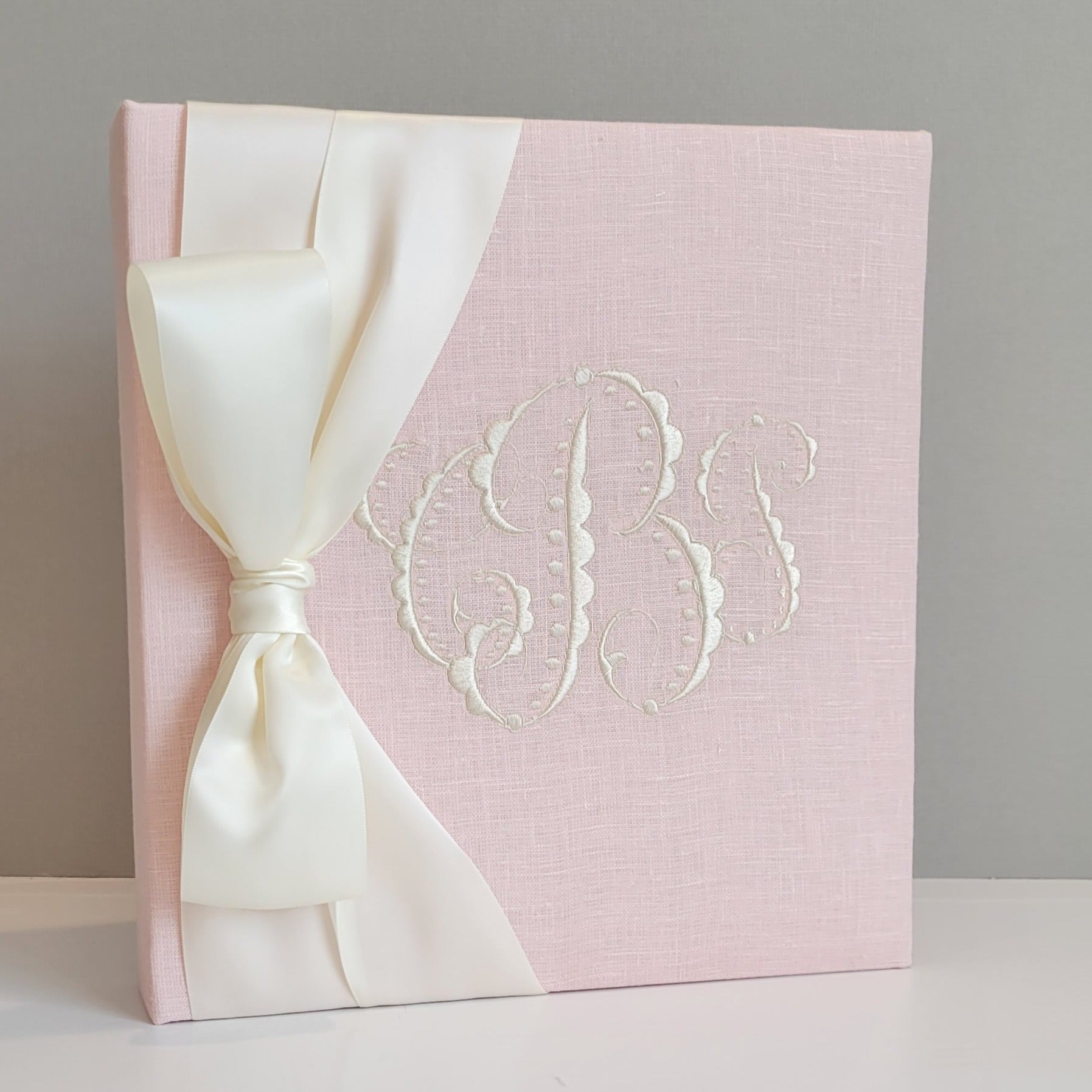 Pink linen handmade baby memory book with satin bow by AP Creations
