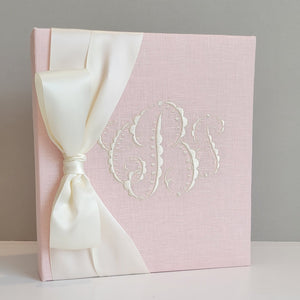 Pink linen handmade baby memory book with satin bow by AP Creations