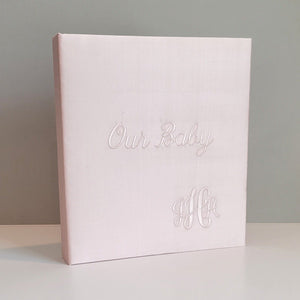 Pink shantung handmade baby memory book with custom monogram by AP Creations