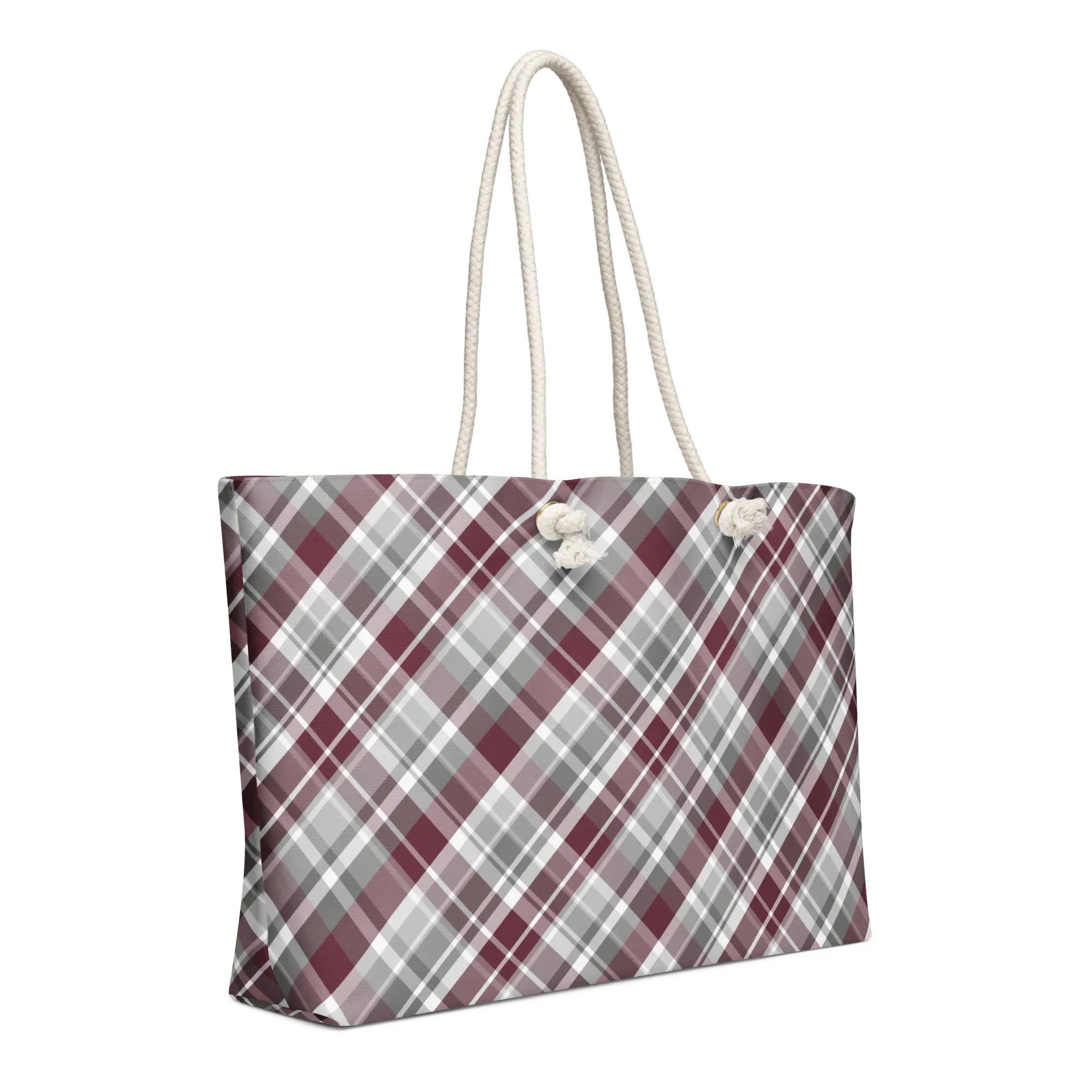 Plaid Weekender Bag: Maroon & Gray, Rope Handles, Mississippi Artist Leslie Gonce, Main Street Collective