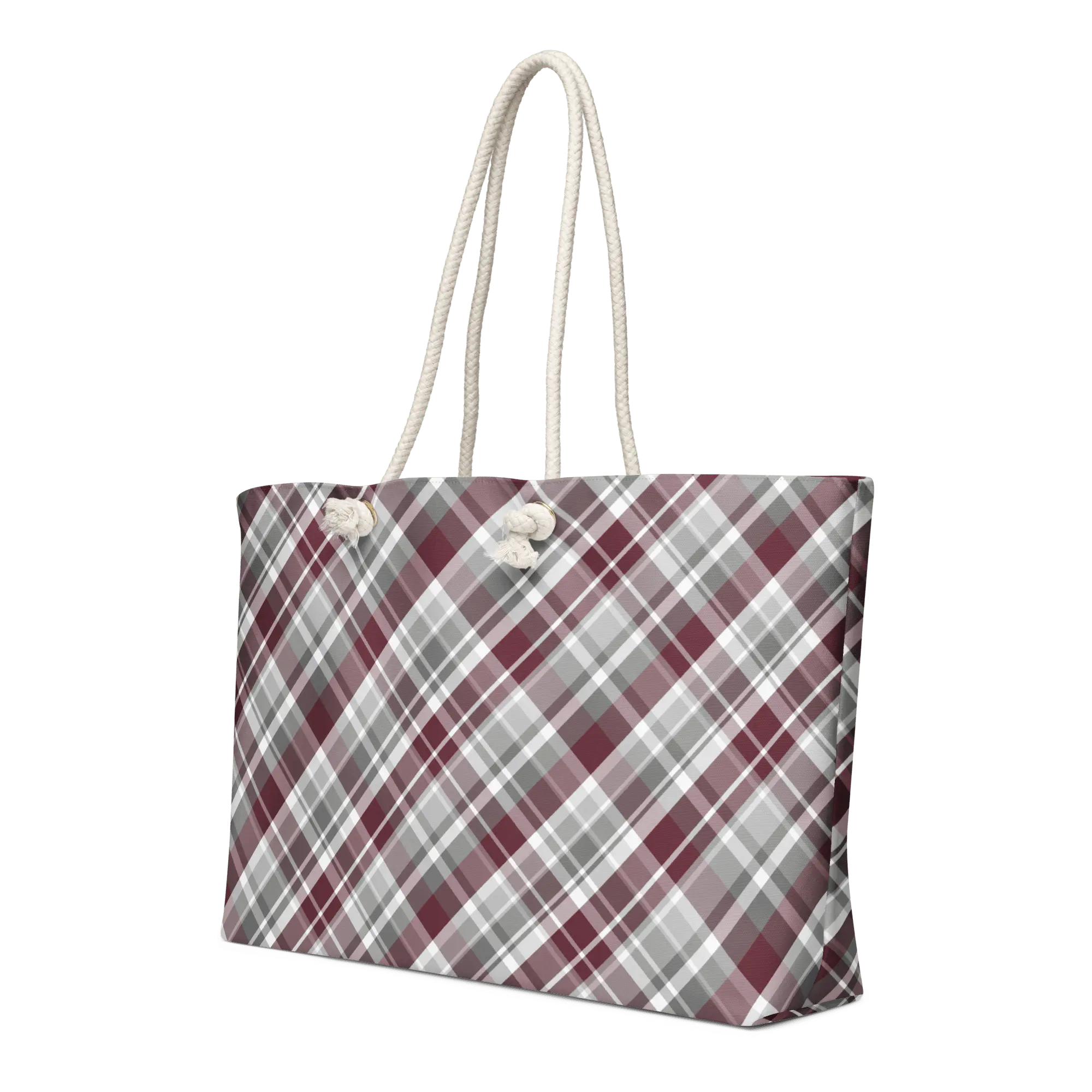 Plaid Weekender Bag: Maroon & Gray Tote with Rope Handles by Leslie Gonce - Main Street Collective
