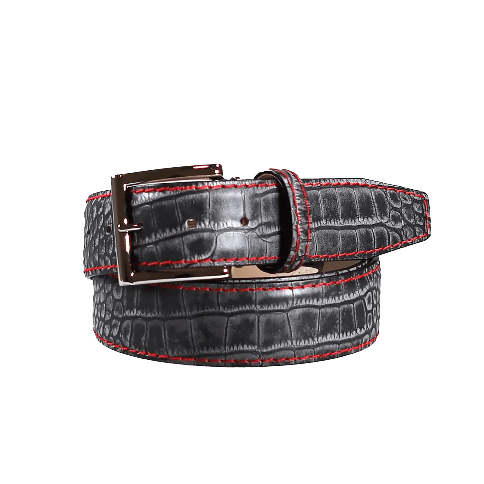 Platinum mock croc belt showing handmade leather craftsmanship