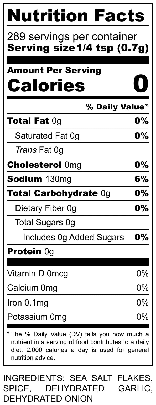 Nutrition Facts: Poultry Seasoning Blend, Low Sodium, 0 Calories, Sea Salt, Spices, Garlic, Onion Ingredients.