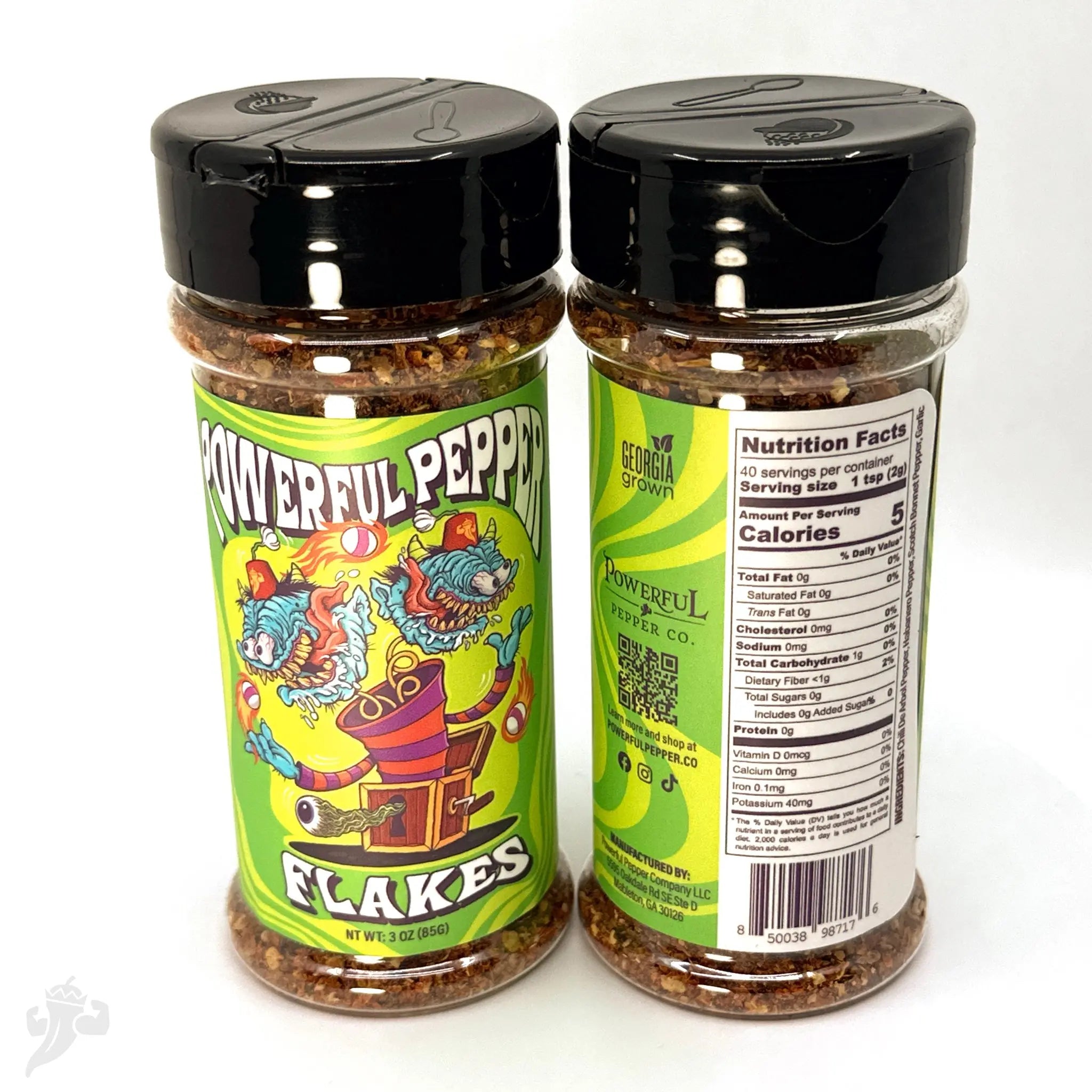 Powerful Pepper Company chili pepper flakes in a clear plastic shaker bottle.