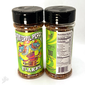 Powerful Pepper Company chili pepper flakes in a clear plastic shaker bottle.