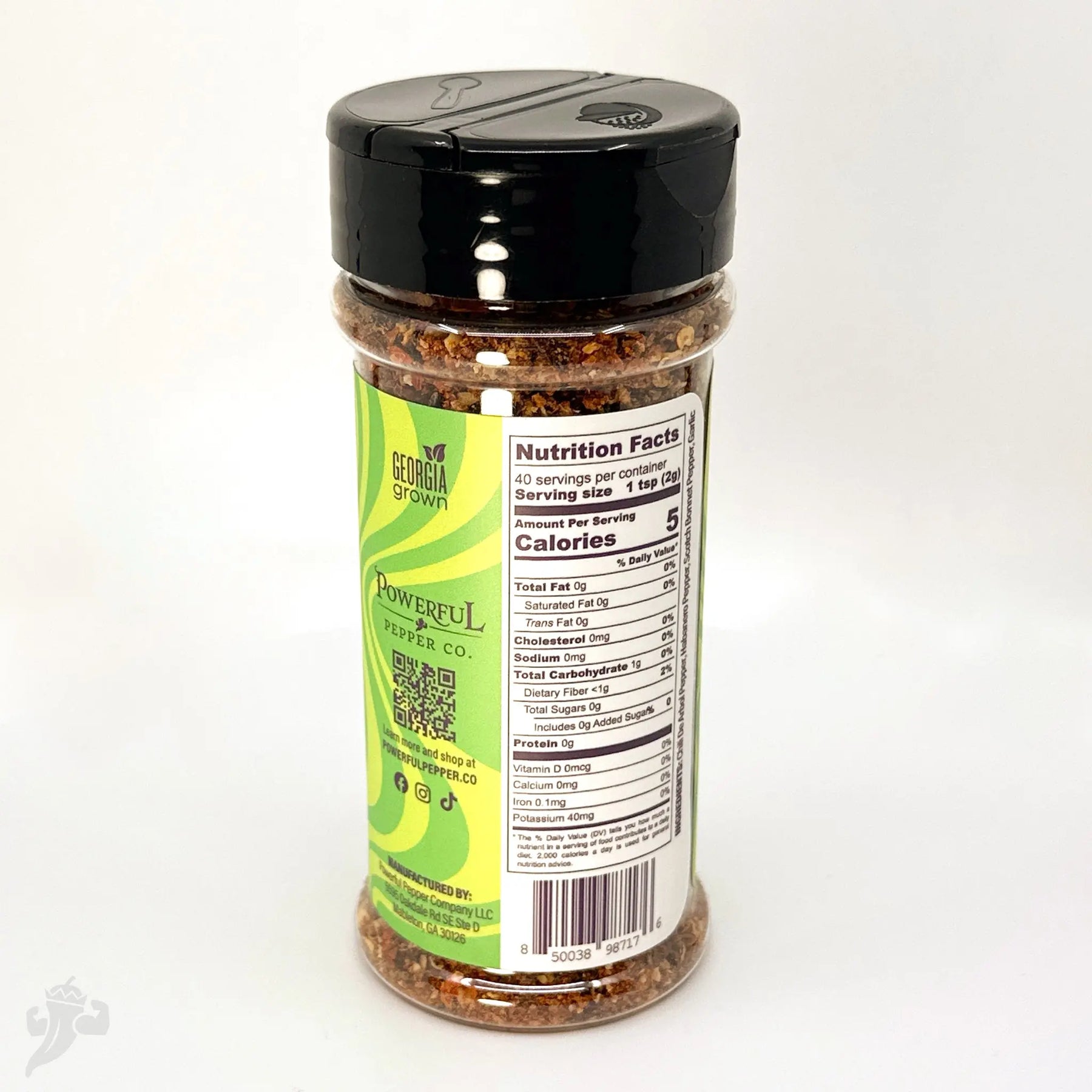 Powerful Pepper Flakes in a clear plastic bottle with a black lid.