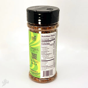 Powerful Pepper Flakes in a clear plastic bottle with a black lid.