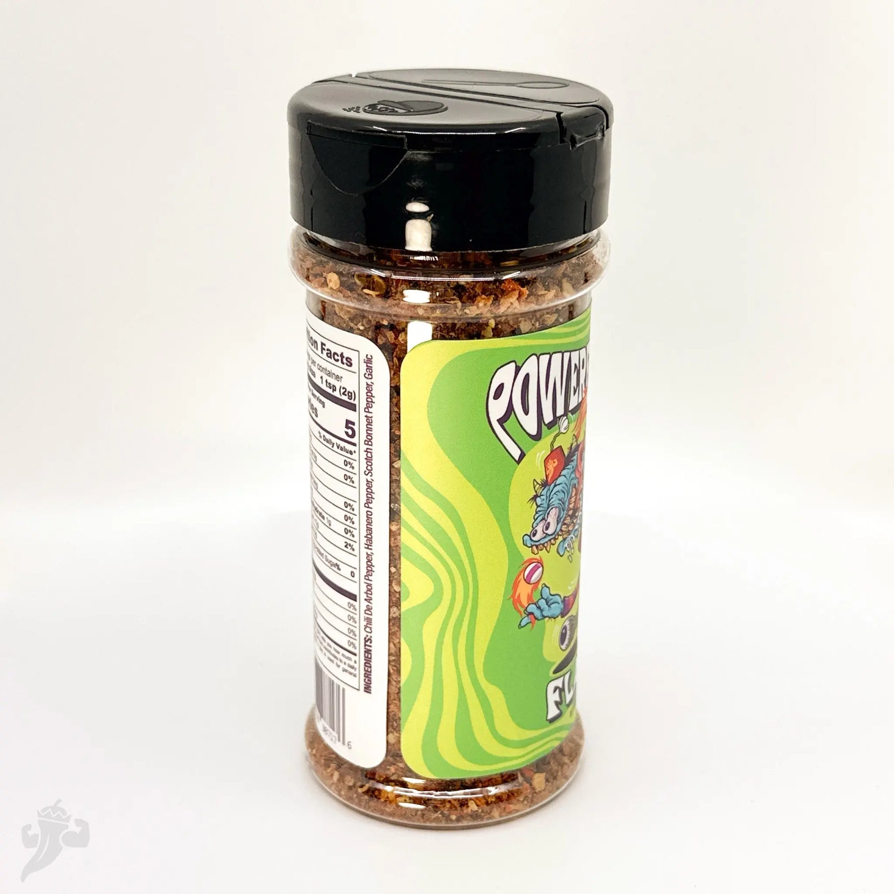 Spice shaker with "POWERFUL PEPPER FLAKES" label and cartoon character.
