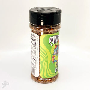 Spice shaker with "POWERFUL PEPPER FLAKES" label and cartoon character.
