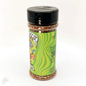 Powerful Pepper Flakes spice bottle with a green wavy label and cartoon character.