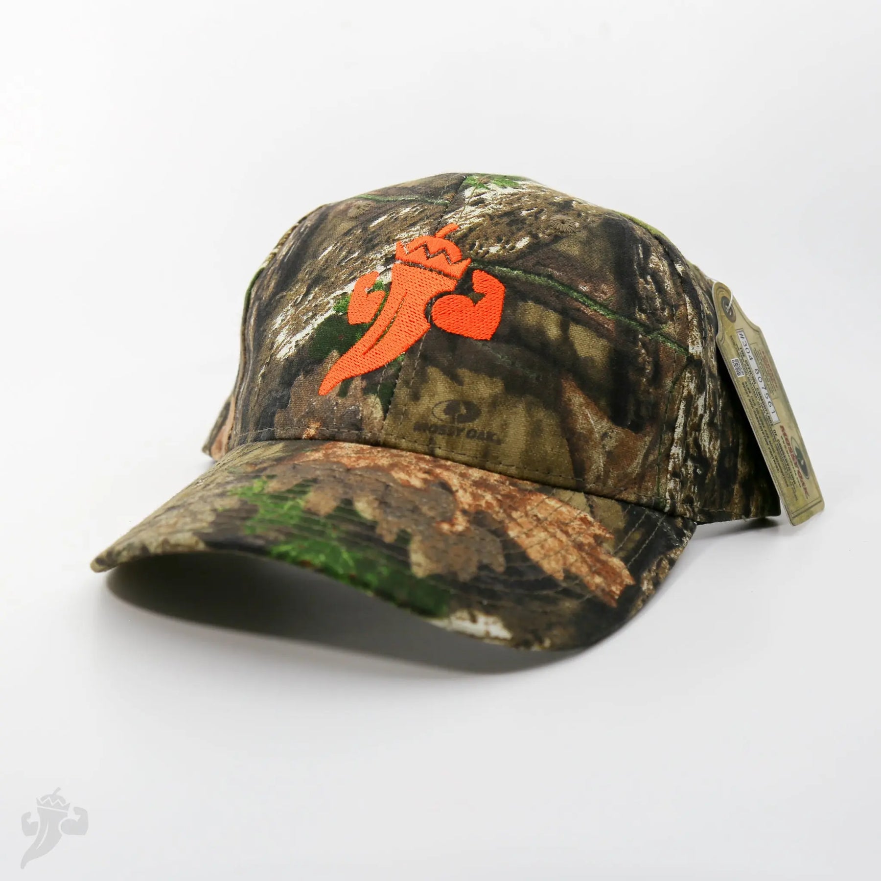 Mossy Oak camouflage baseball cap with orange pepper logo