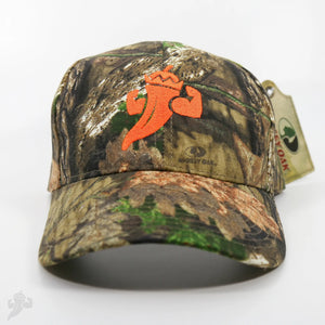 Camo baseball cap with embroidered orange pepper logo and Mossy Oak tag.