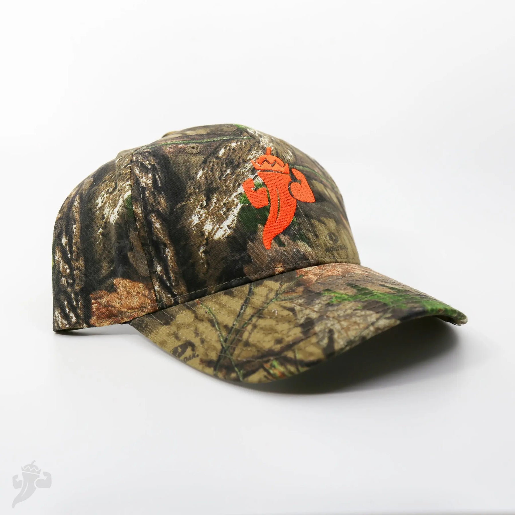 Camo baseball cap with orange pepper logo