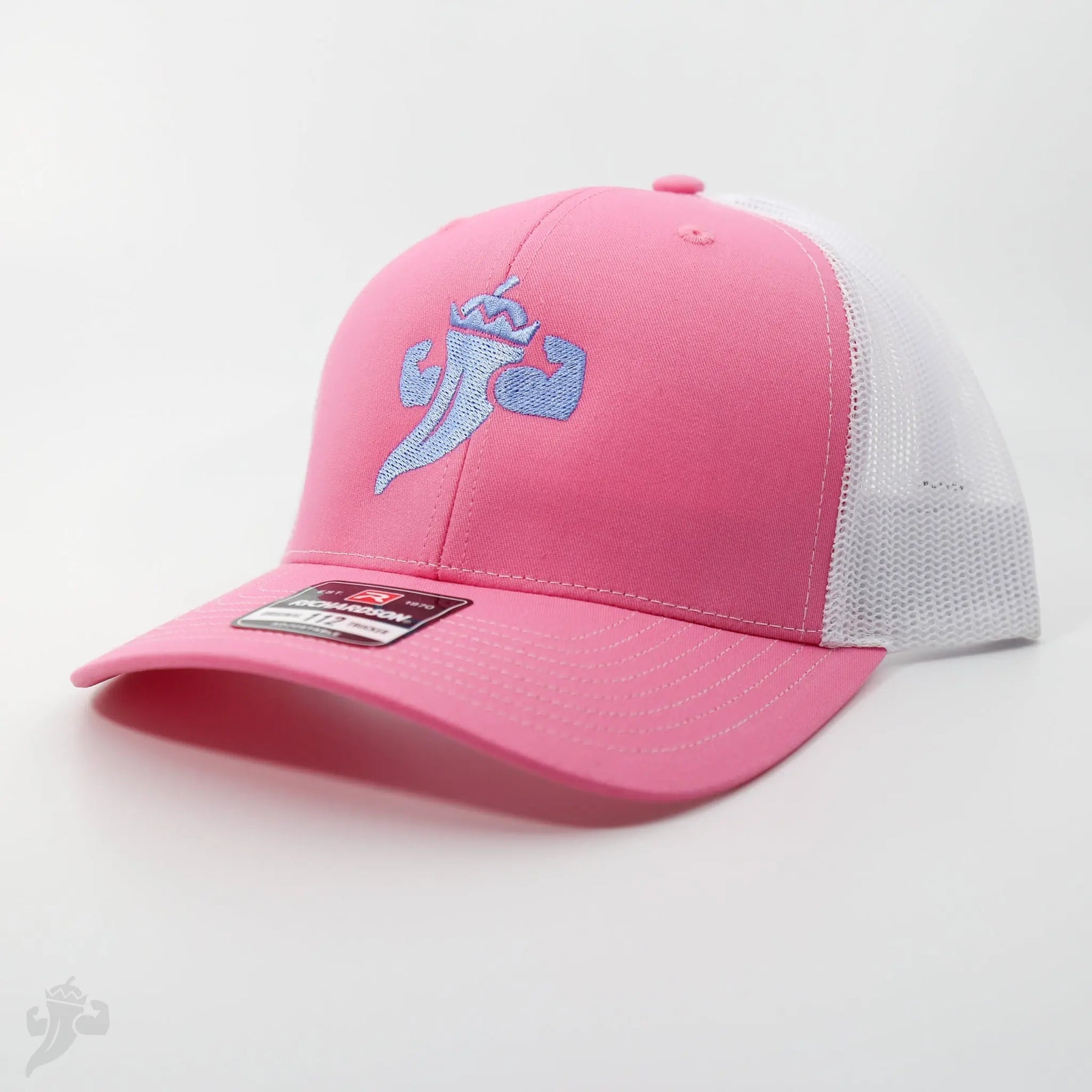 Pink trucker hat with a light blue embroidered pepper logo with flexed arms.