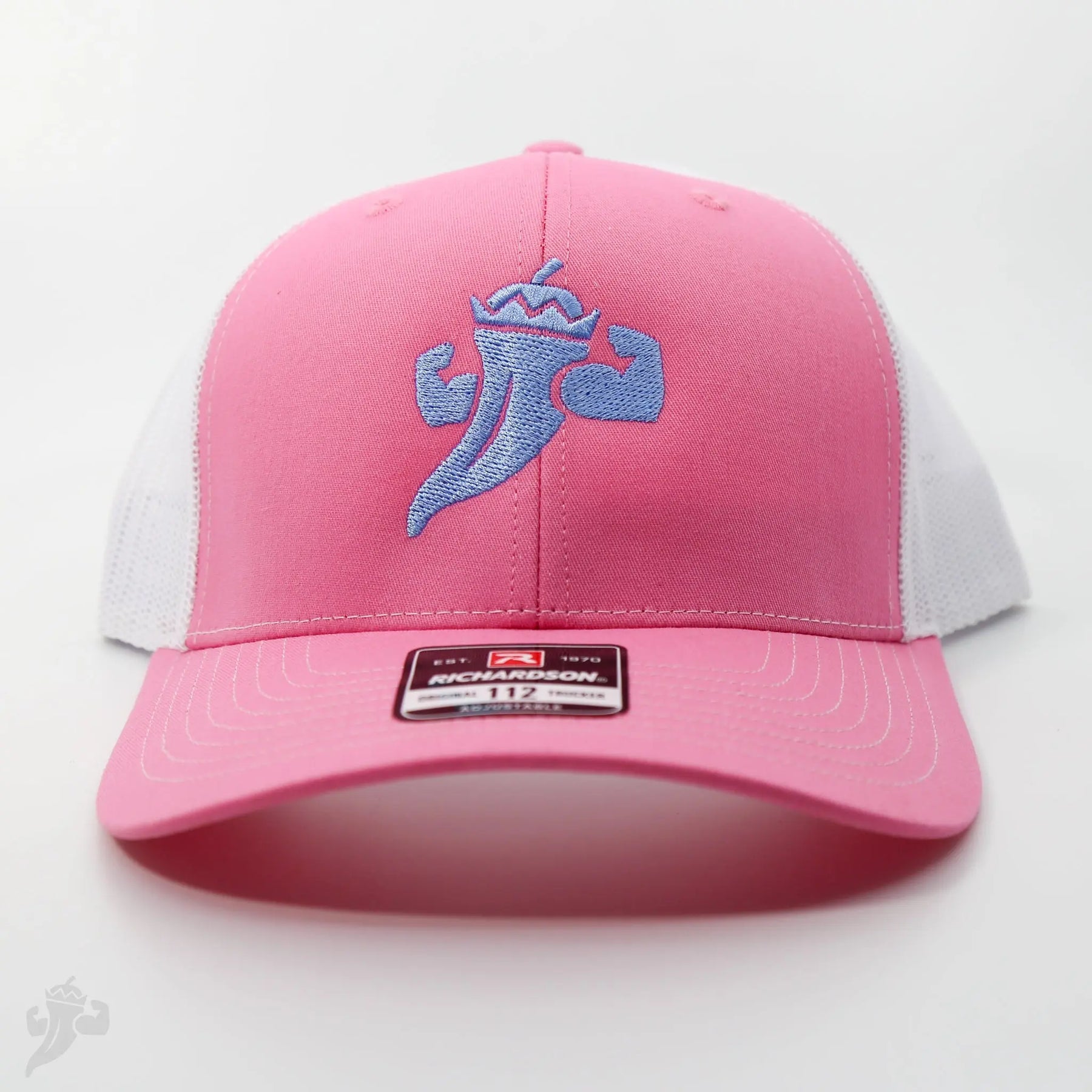 Pink trucker hat with a blue embroidered chili pepper logo and white mesh back.