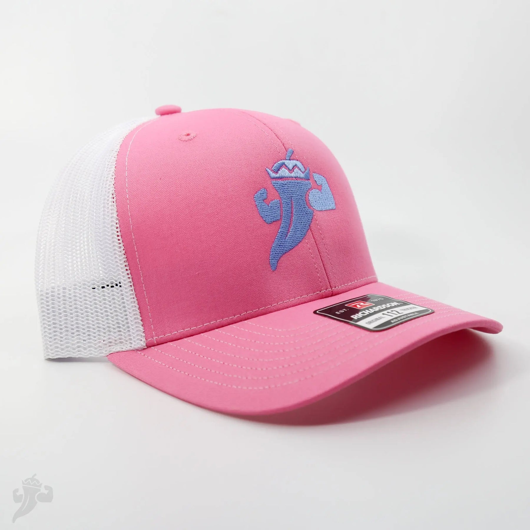 Pink trucker hat with a blue embroidered pepper logo and white mesh back.