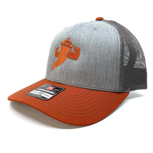 Grey and bronze trucker hat with embroidered orange pepper logo and mesh back.