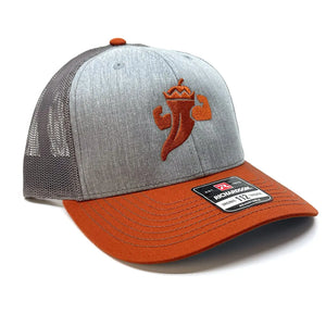 Grey and orange trucker hat with embroidered chili pepper graphic.