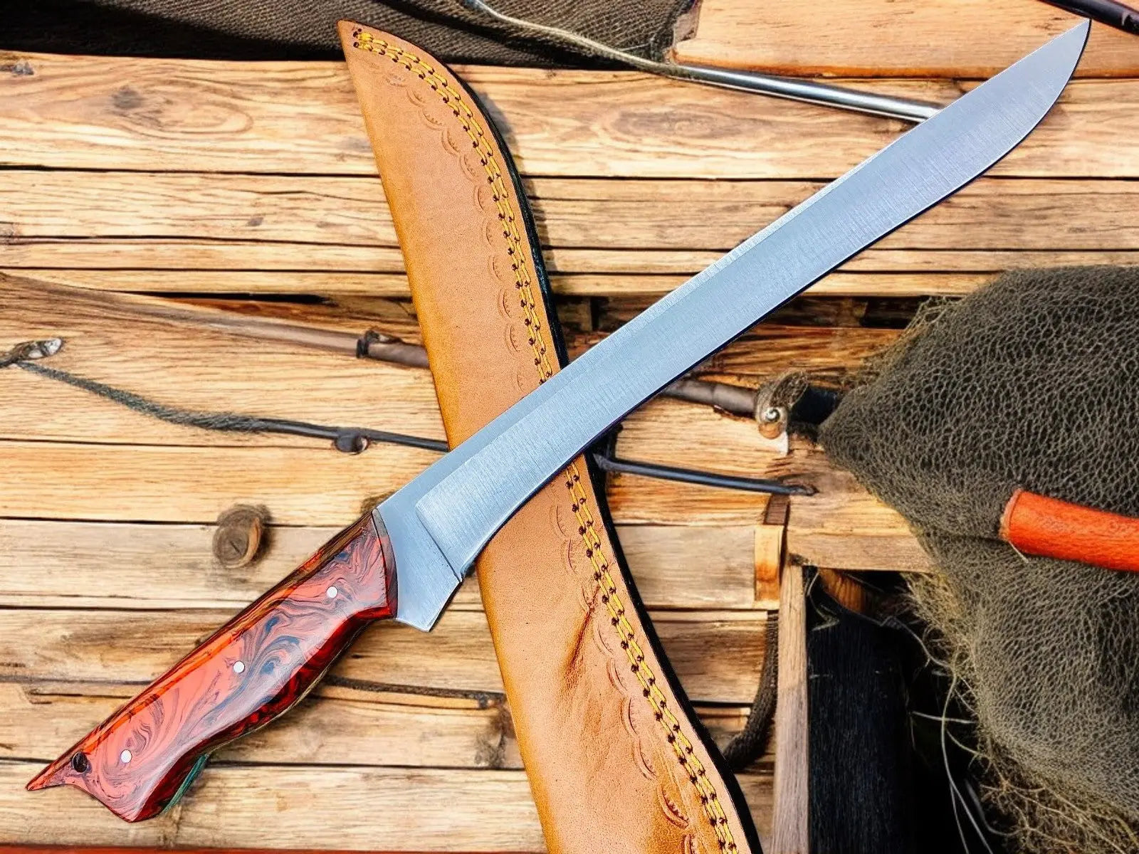 Premium 15" Handmade Fillet Knife with Epoxy Resin Handle by Damascus Knife Store, Damascus knife main product photo
