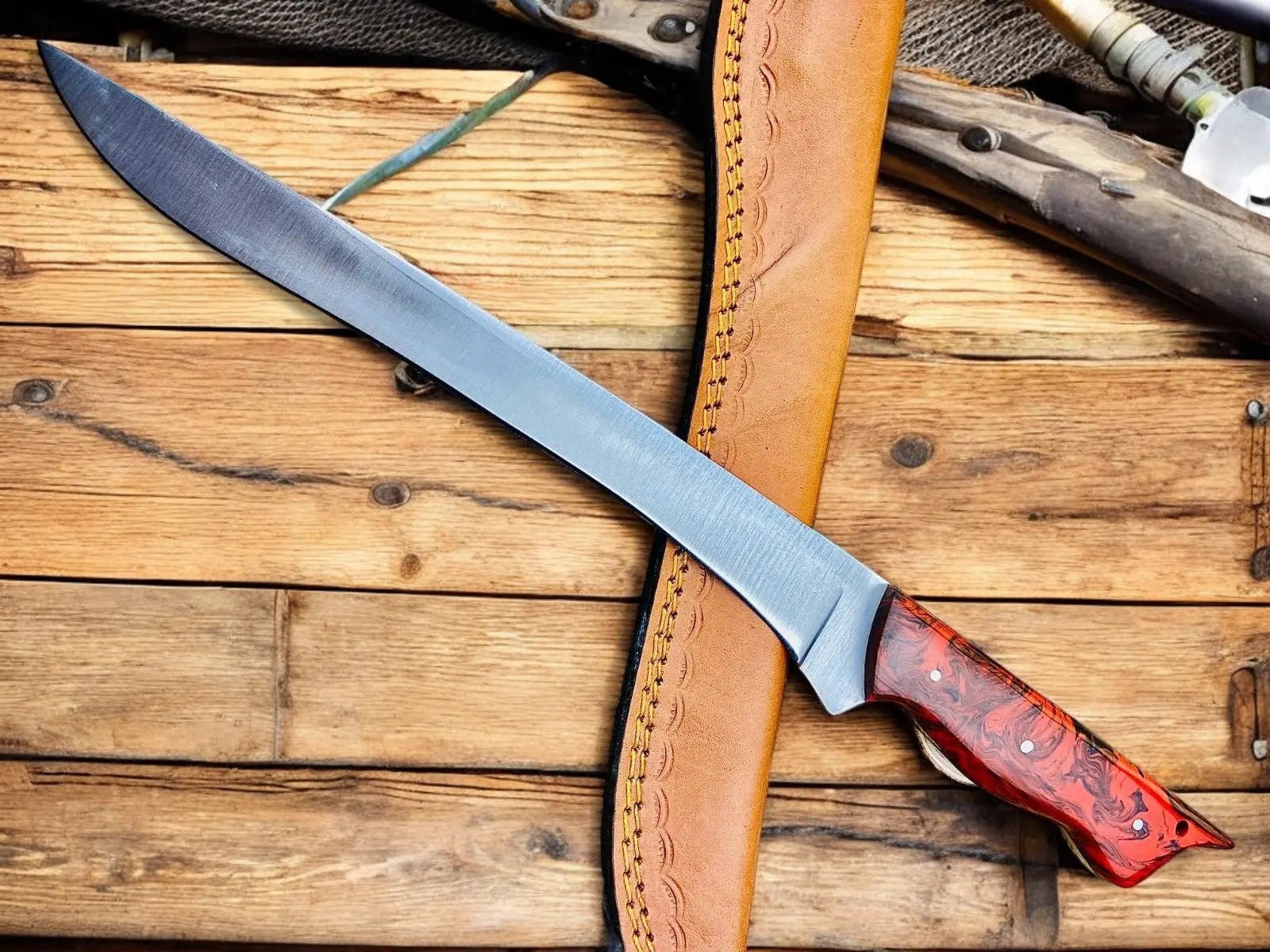 Premium 15" Handmade Fillet Knife with Epoxy Resin Handle by Damascus Knife Store, Damascus knife detail photo 2