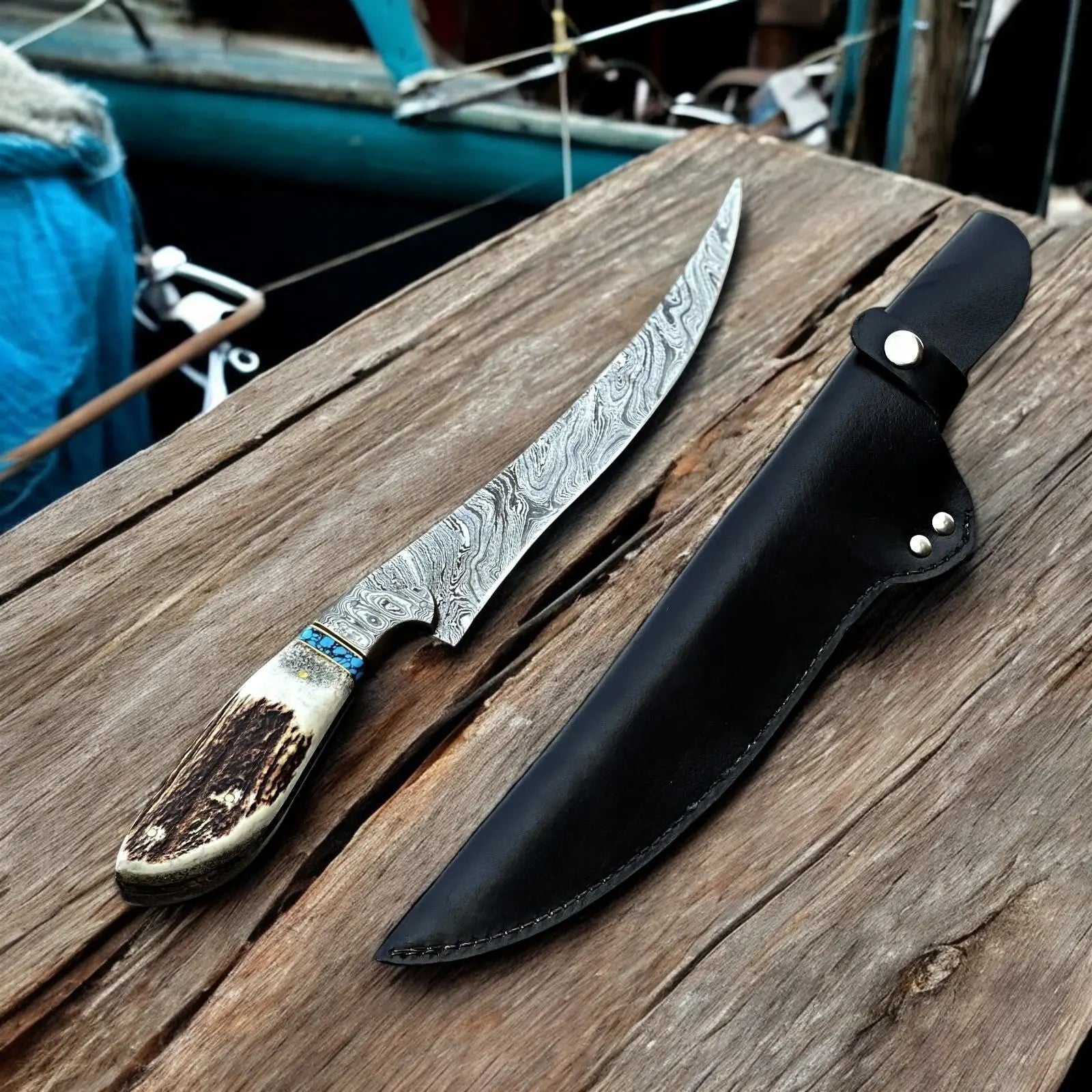 Premium Damascus Fillet Knife – Antler Horn Handle, 13" by Damascus Knife Store, Damascus knife main product photo