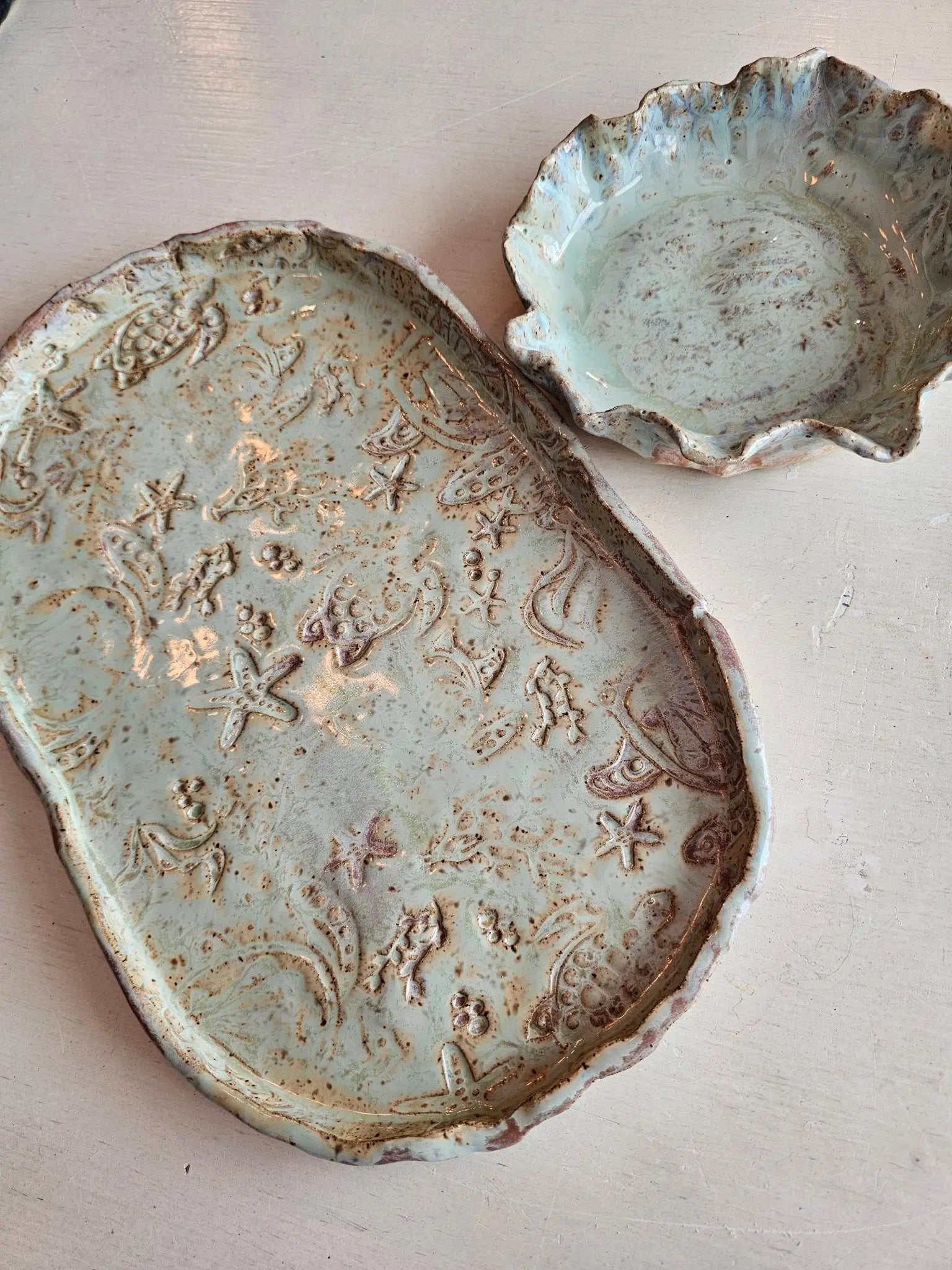 Coastal Ceramic Tray and Bowl: Pale Green Handmade Pottery with Sea Life Designs, Starfish, Turtle