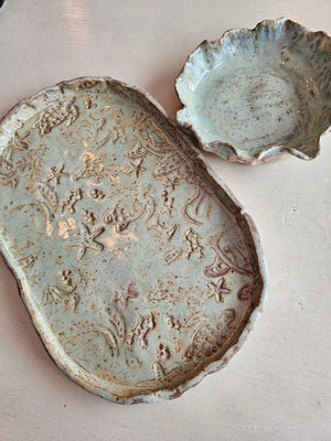 Coastal Ceramic Tray and Bowl: Pale Green Handmade Pottery with Sea Life Designs, Starfish, Turtle