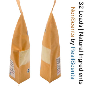 Two brown paper bags of ResilScents NonScents laundry detergent, showing product ingredients and 32 load capacity.