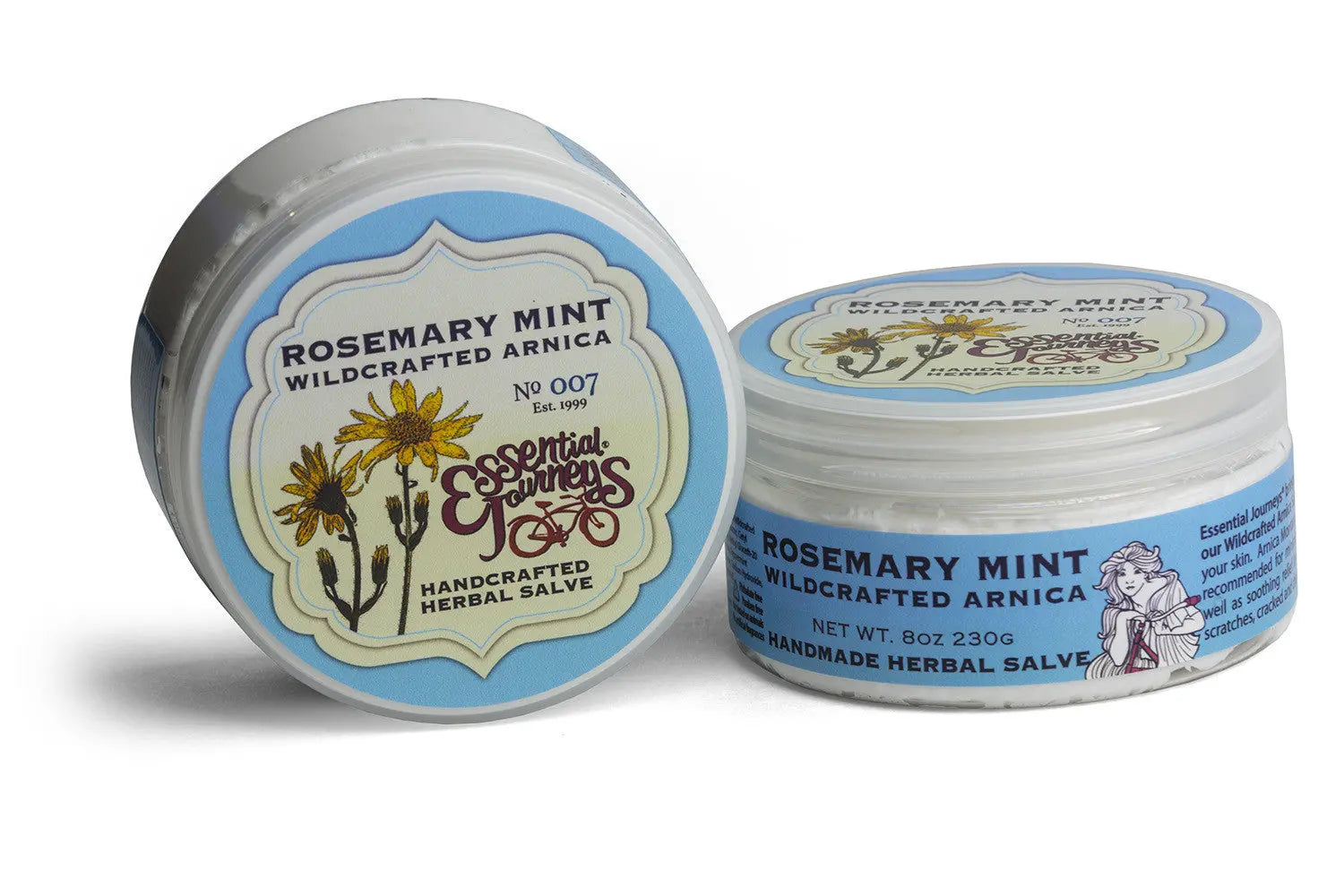 Essential Journeys Rosemary Mint Arnica Salve in two clear jars.