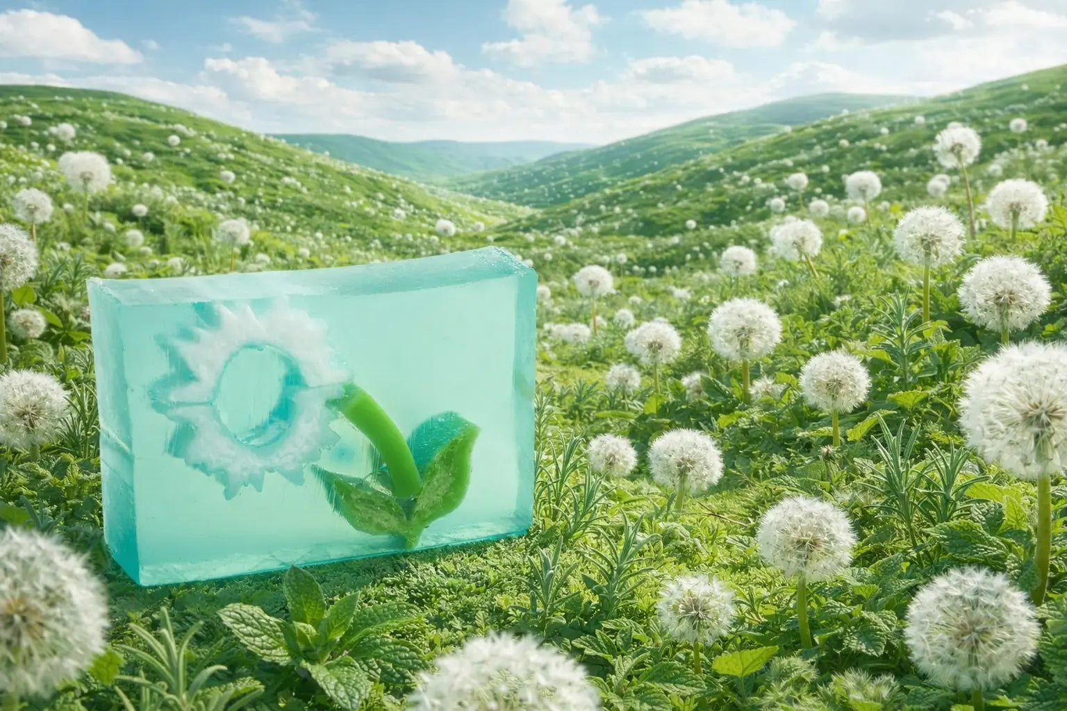 Rosemary Mint Soap Slice with dandelion puff in a green field with dandelions