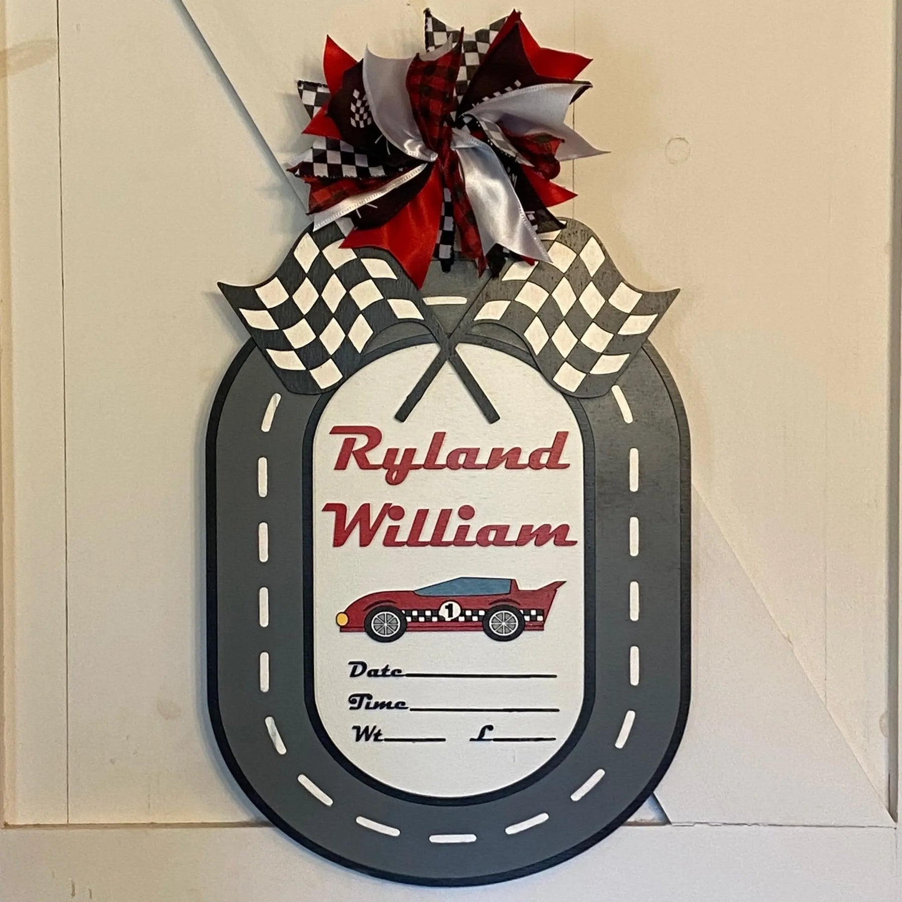 Racing Car Birth Announcement Door Hanger - Personalized Baby Gift by Main Street Collective