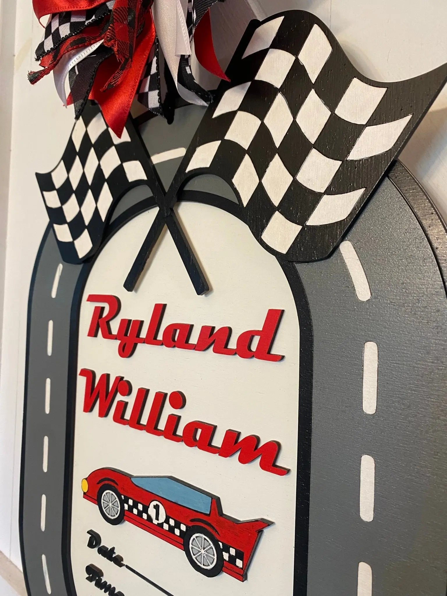 Personalized Racing Car Birth Announcement Door Hanger - Custom Baby Name Sign