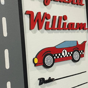 Personalized Racing Car Baby Birth Announcement Door Hanger - Custom Hospital Sign