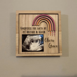 Rainbow Baby Ultrasound Frame: Handpicked for Earth by Brother in Heaven, personalized with Olivia Grace. Pregnancy after loss memorial
