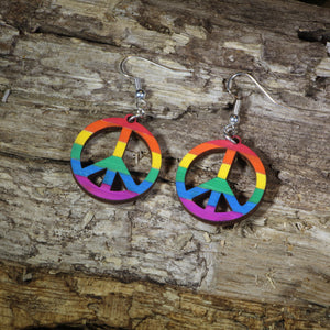 Rainbow Peace Sign Wooden Earrings | Hippie Pride Jewelry
