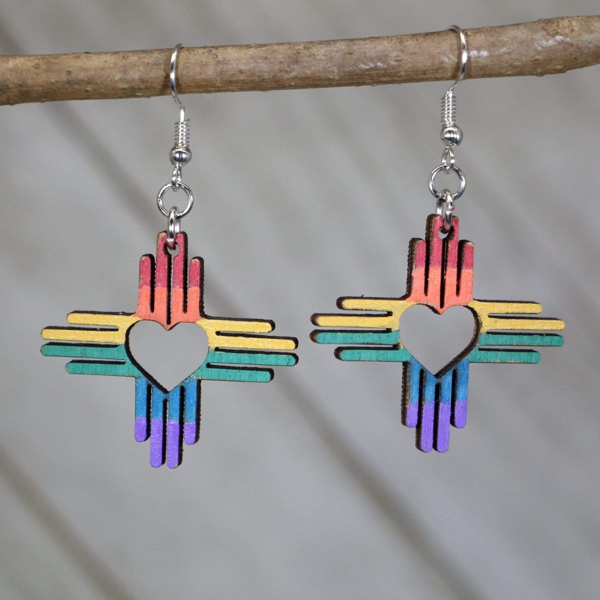 Rainbow Zia Heart Wooden Earrings | New Mexico Pride Jewelry