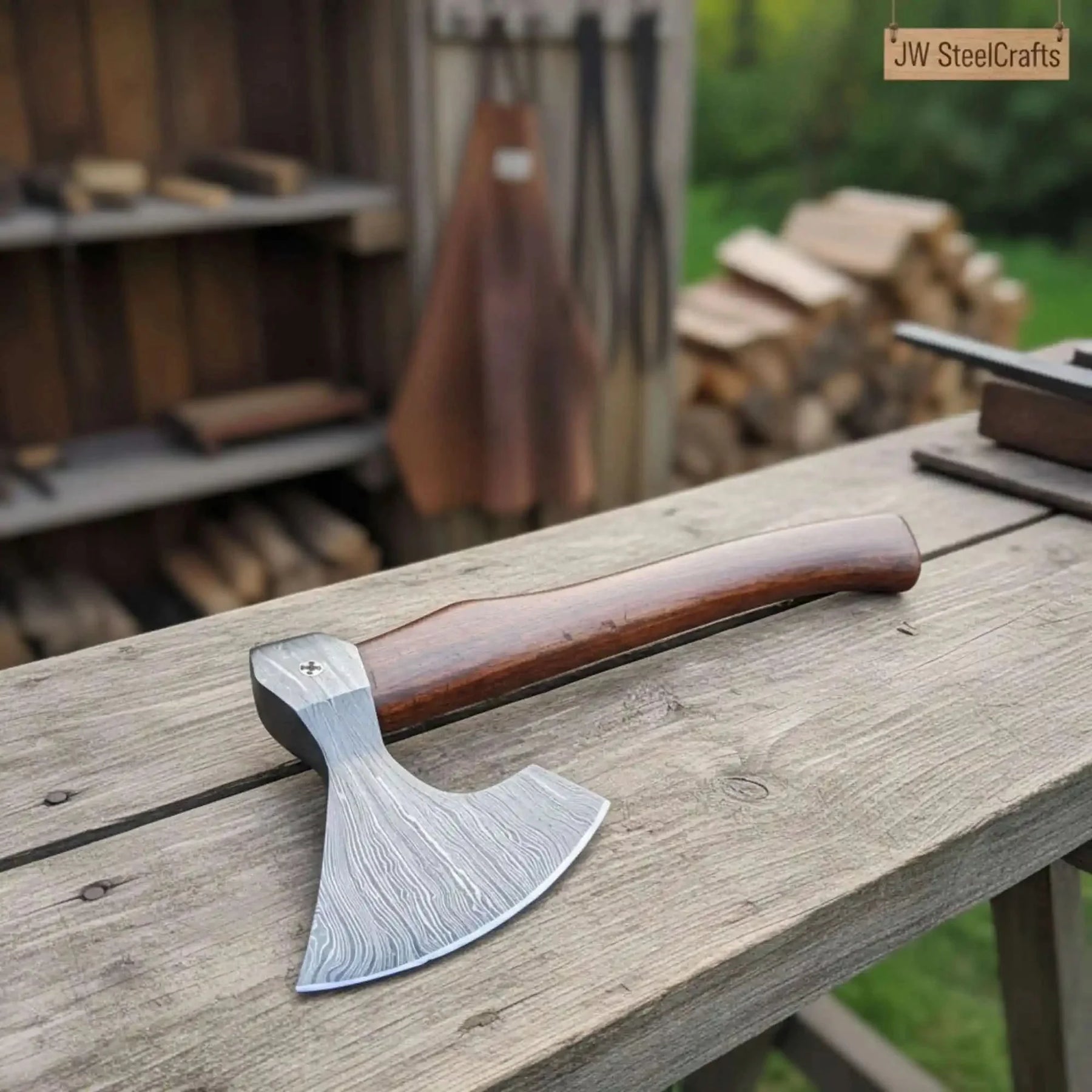 Damascus steel axe head with wood handle on rustic wood surface