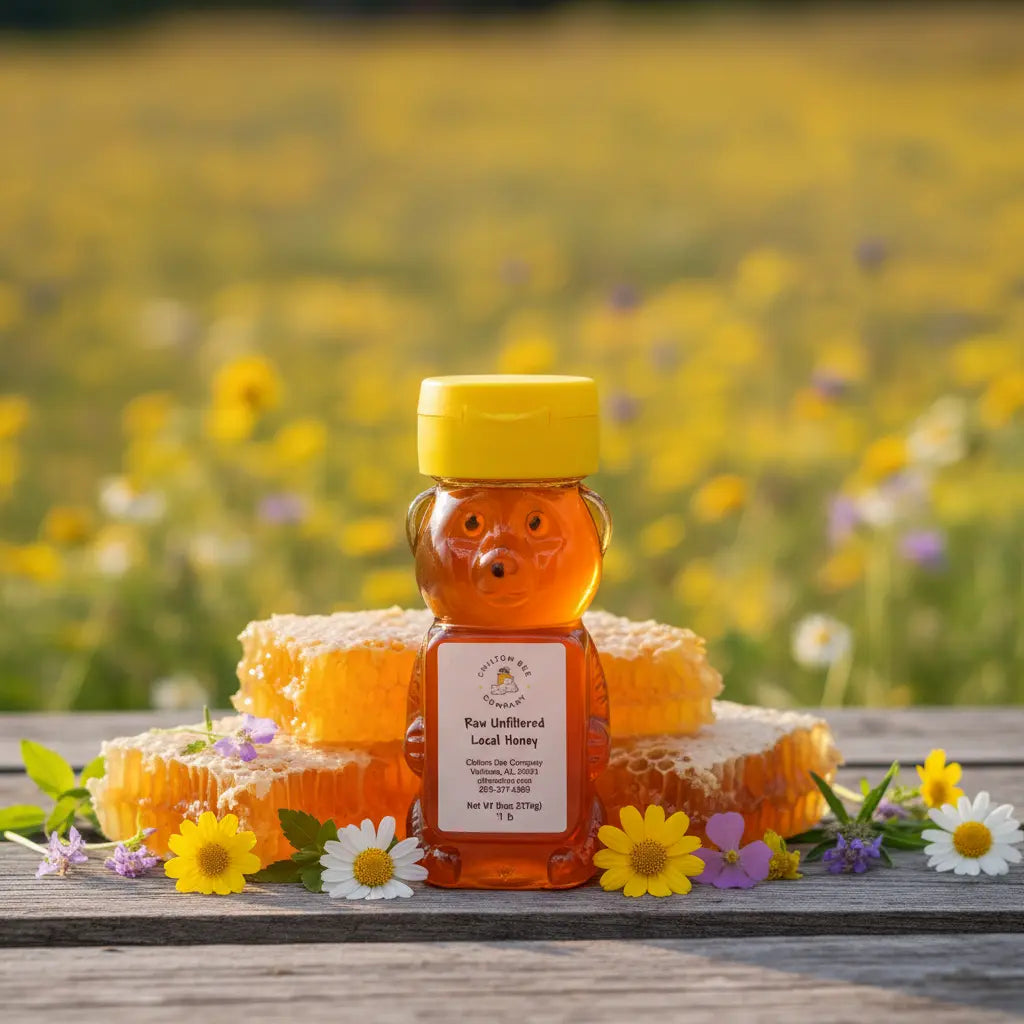 Bear-shaped honey bottle with yellow lid, Chilton Bee Company raw local honey, honeycomb, and flowers on a wooden surface.