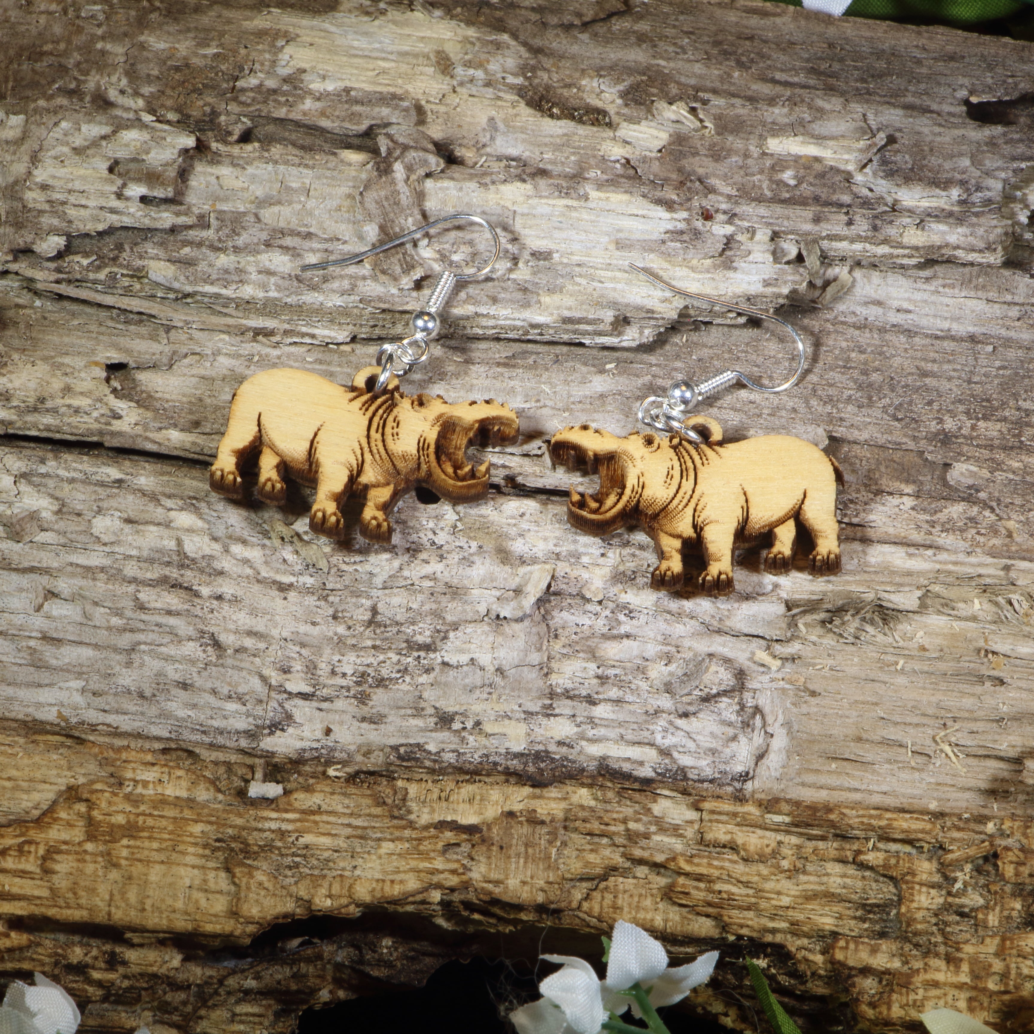 Realistic Hippo Wooden Dangle Earrings | Wildlife Animal Jewelry