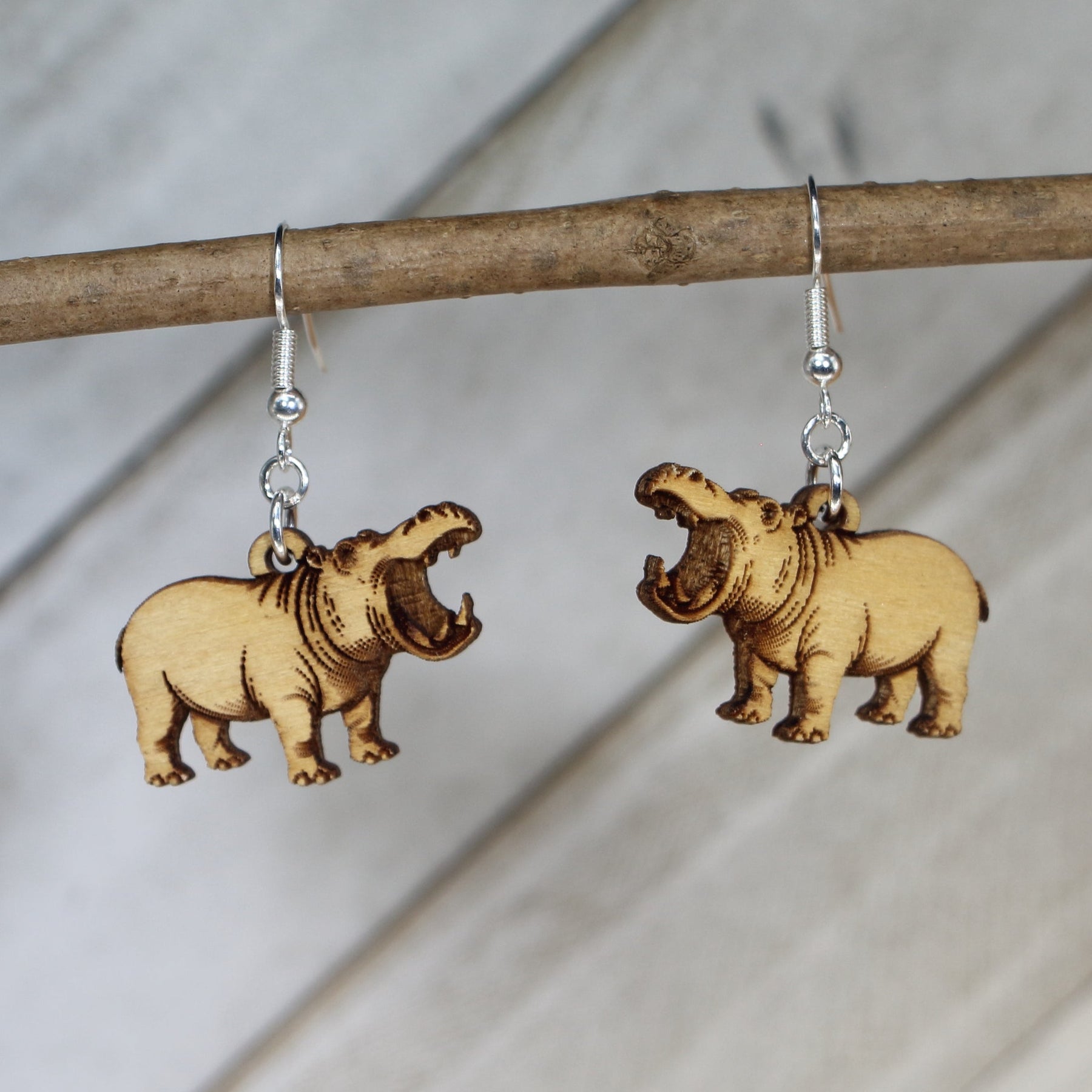 Realistic Hippo Wooden Dangle Earrings | Wildlife Animal Jewelry