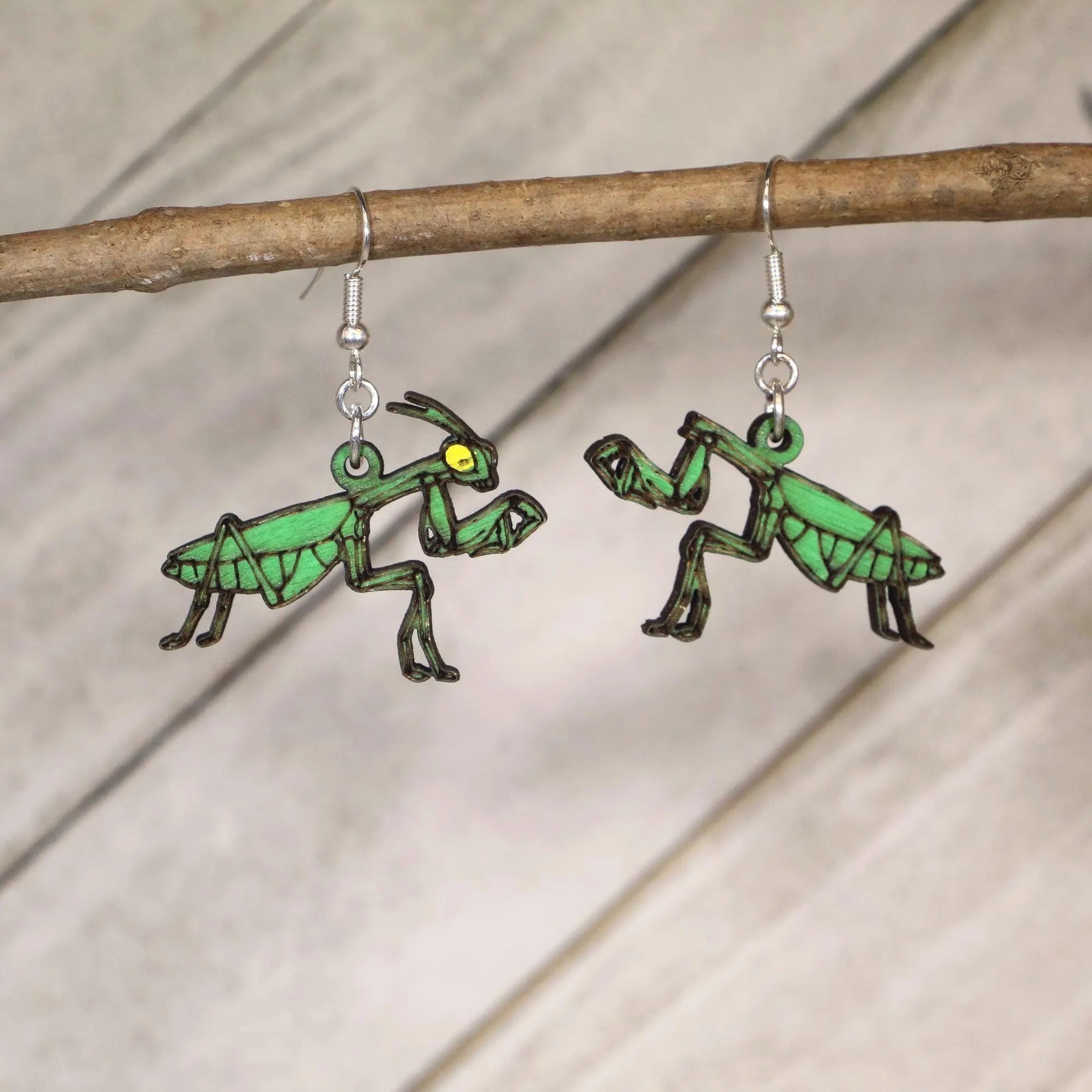 Realistic Praying Mantis Wooden Dangle Earrings | Male & Female Entomology Jewelry