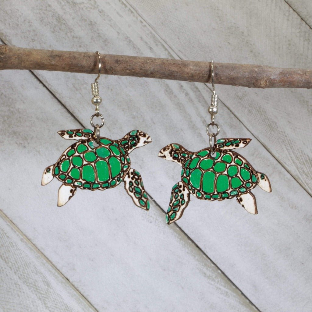 Realistic Sea Turtle Wooden Dangle Earrings | Ocean Jewelry